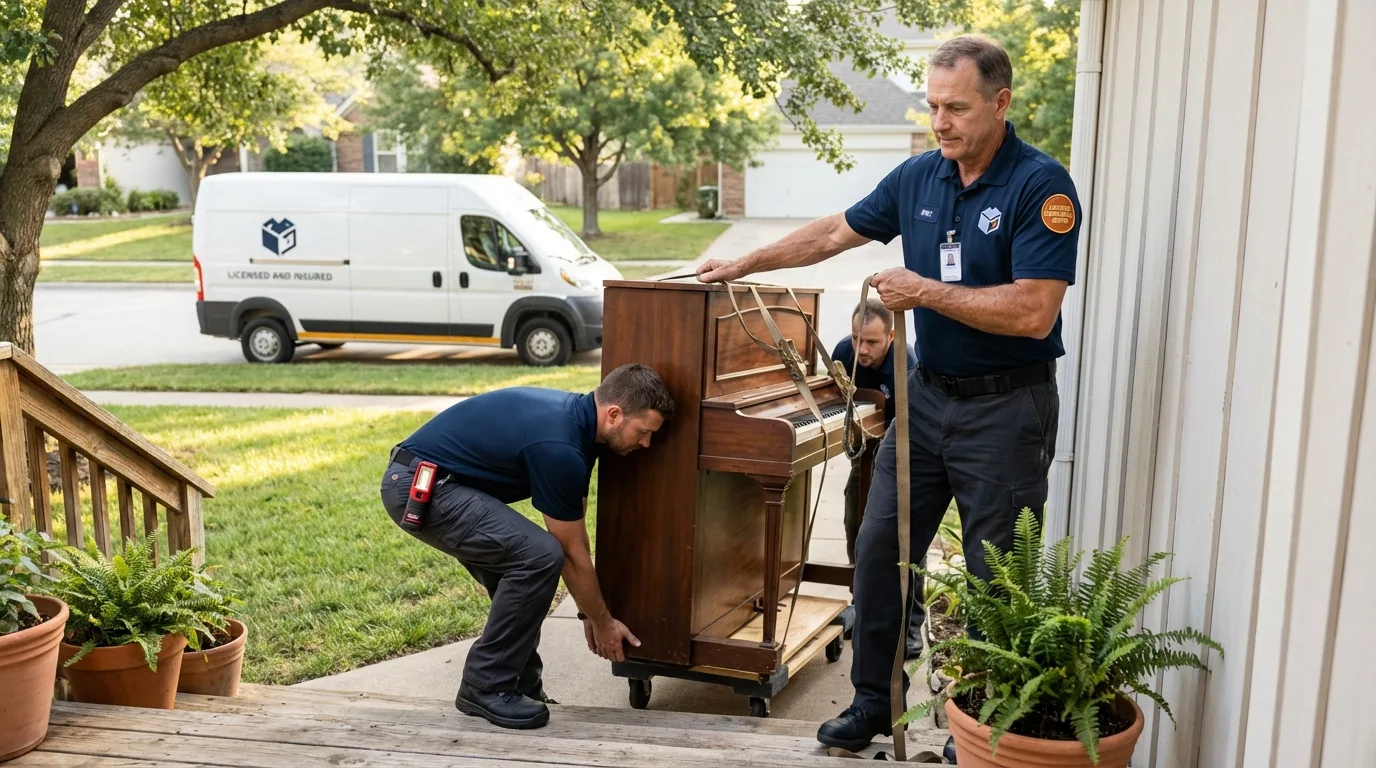 Licensed piano movers securing grand piano in Danielsville, GA