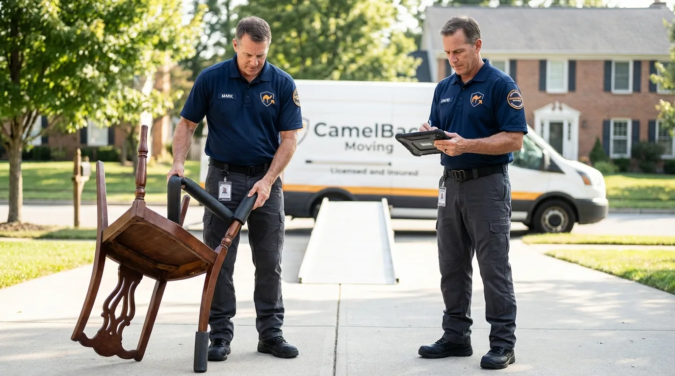 Movers inspecting furniture for damage prevention before loading in Danielsville, GA