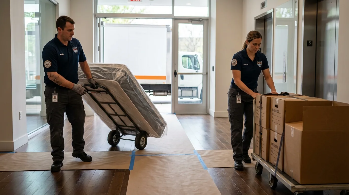 Professional apartment movers loading elevator in Danielsville, GA