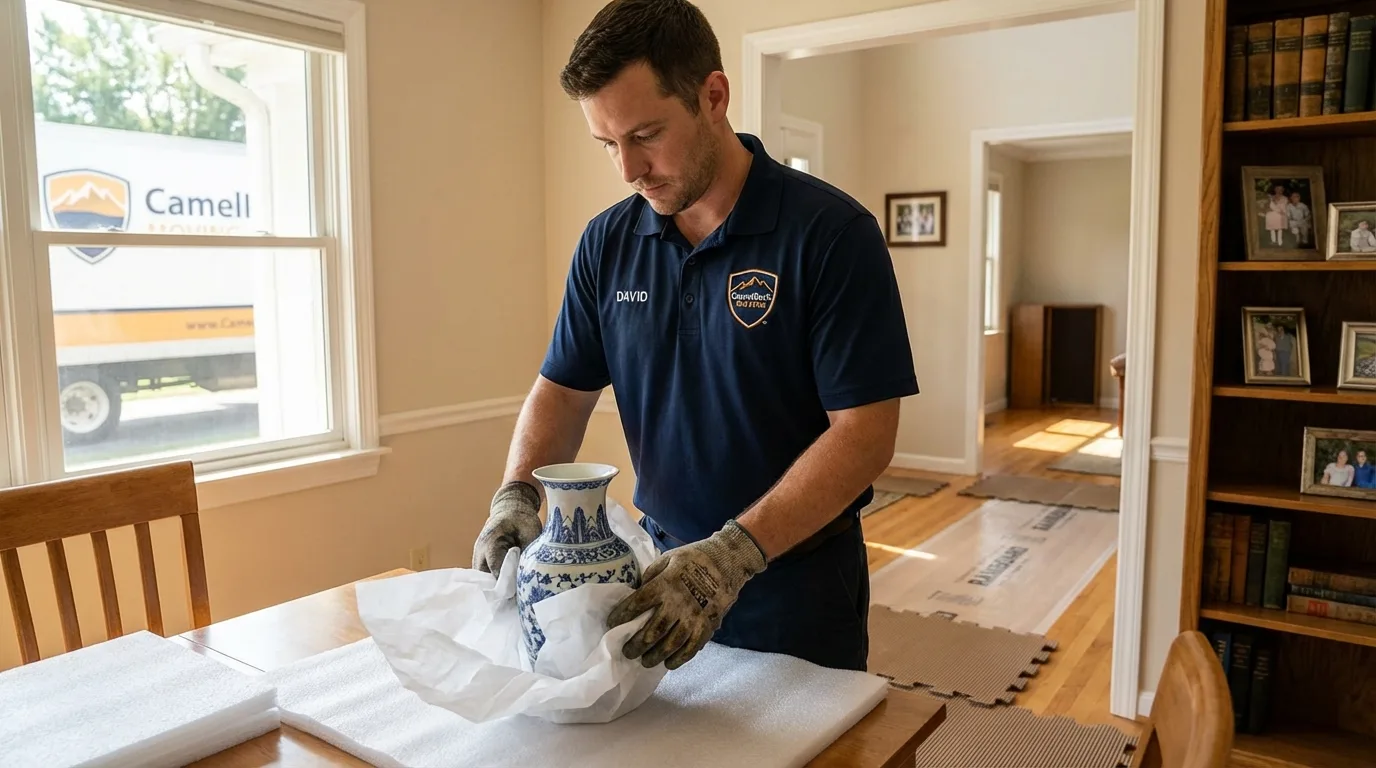 Professional crew carefully wrapping antique vase for senior downsizing move in Danielsville, GA